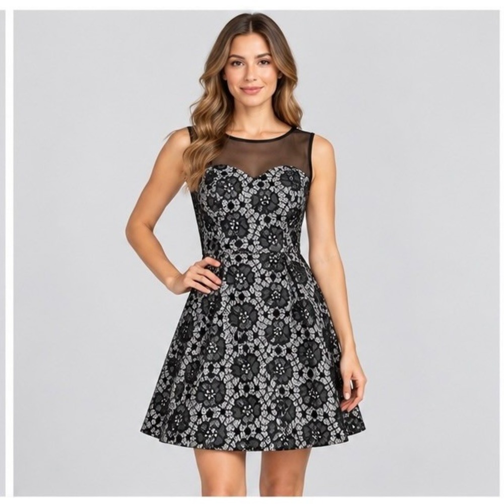 En Focus Studio Women 6 Black White Lace Fit & Flare Dress Mesh Yoke Coquette